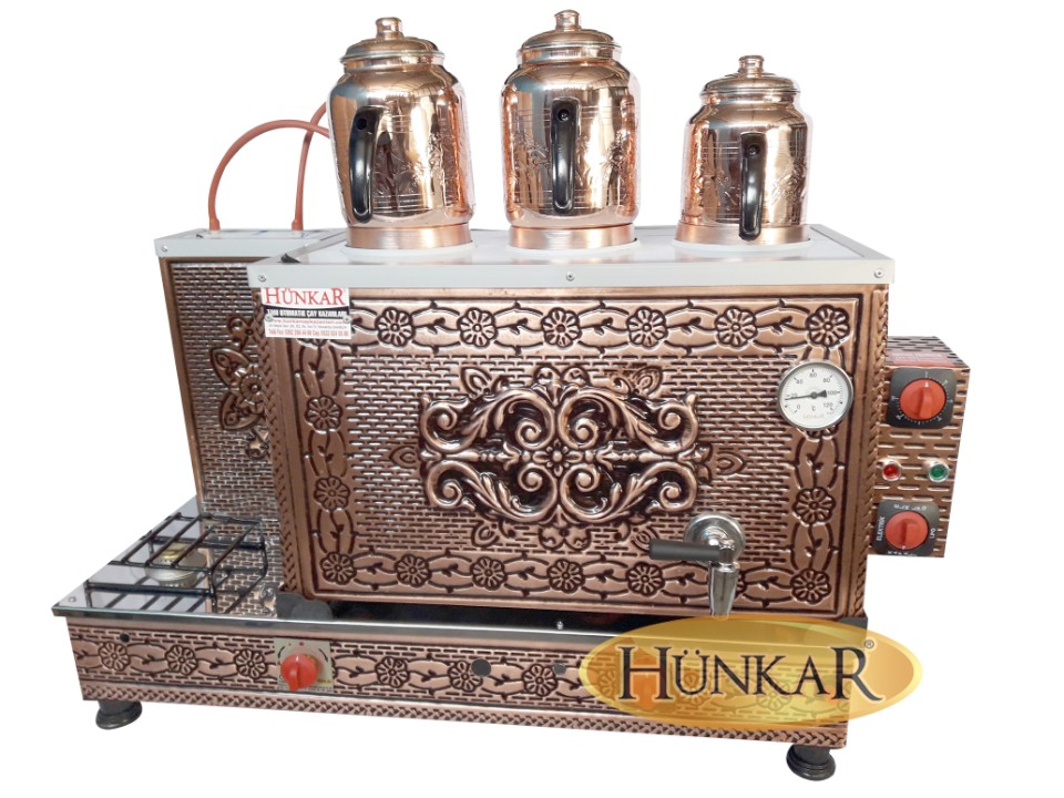 BAKIR İŞLEMELİ DAVLUMBAZLI 3 DEMLİKLİ EMNİYET VENTİLLİ İÇ DIŞ BAKIR ÇAY KAZANI