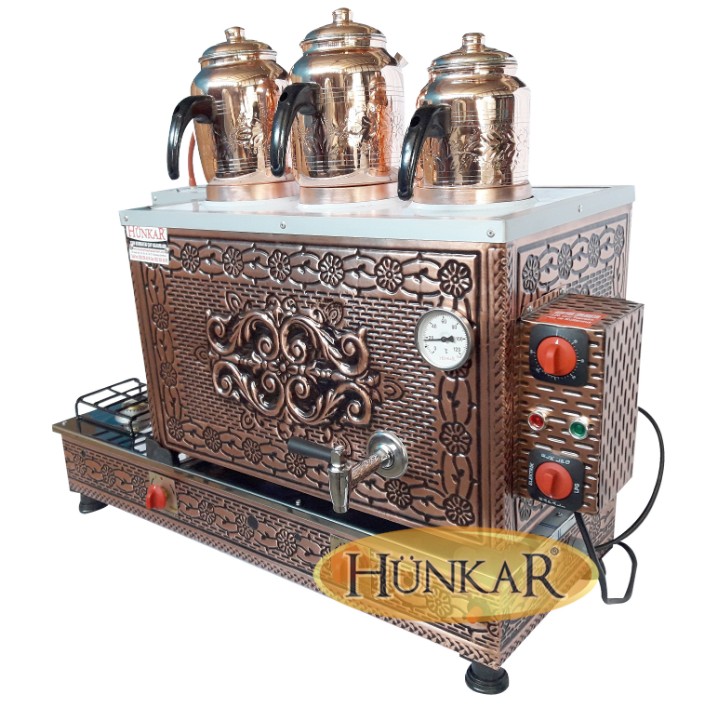 BAKIR İŞLEMELİ DAVLUMBAZLI 3 DEMLİKLİ EMNİYET VENTİLLİ İÇ DIŞ BAKIR ÇAY KAZANI