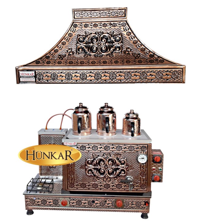 BAKIR İŞLEMELİ DAVLUMBAZLI 3 DEMLİKLİ EMNİYET VENTİLLİ İÇ DIŞ BAKIR ÇAY KAZANI