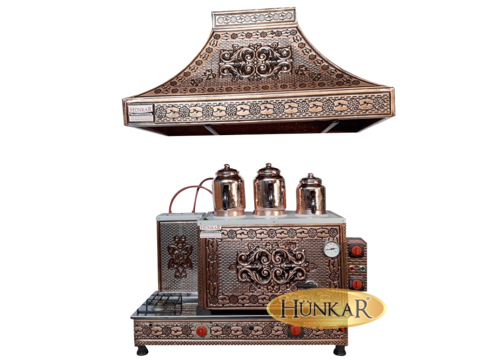 BAKIR İŞLEMELİ DAVLUMBAZLI 3 DEMLİKLİ EMNİYET VENTİLLİ İÇ DIŞ BAKIR ÇAY KAZANI
