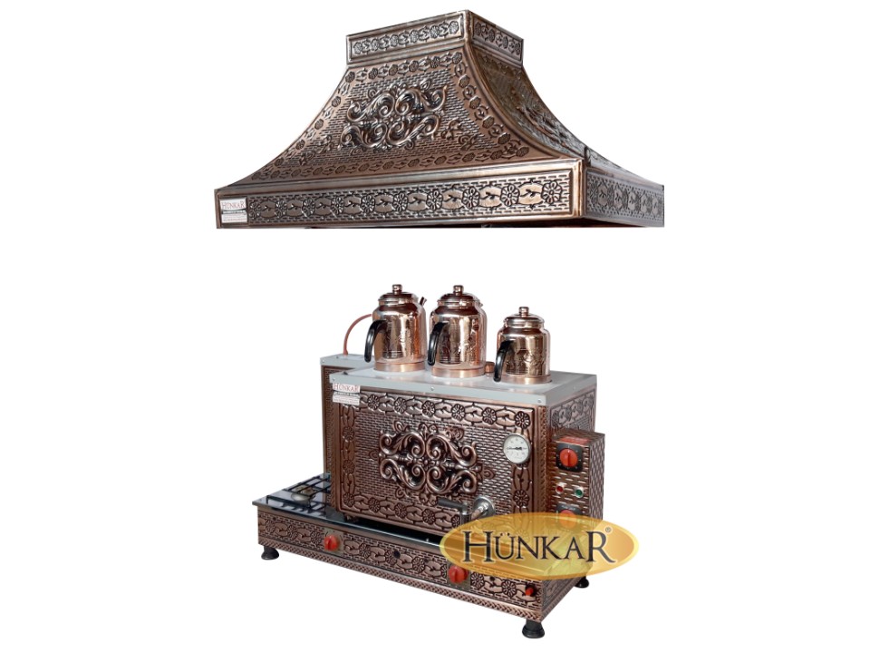BAKIR İŞLEMELİ DAVLUMBAZLI 3 DEMLİKLİ EMNİYET VENTİLLİ İÇ DIŞ BAKIR ÇAY KAZANI