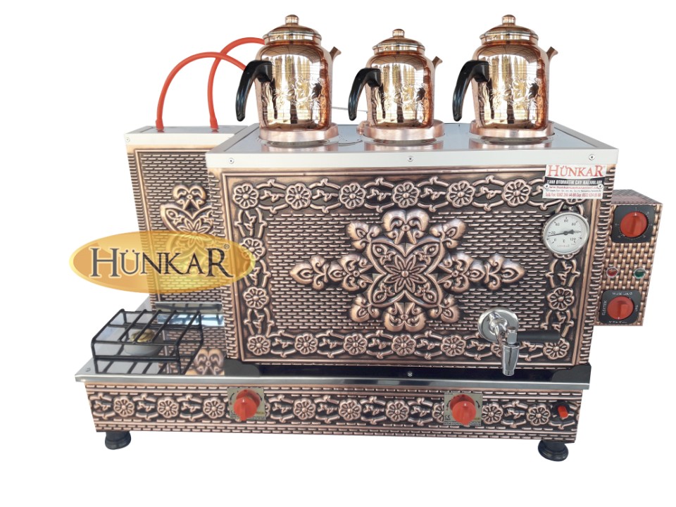 3 DEMLİKLİ BAKIR İŞLEMELİ EMNİYET VENTİLLİ TERMOKUPURLU ÇAY KAZANI