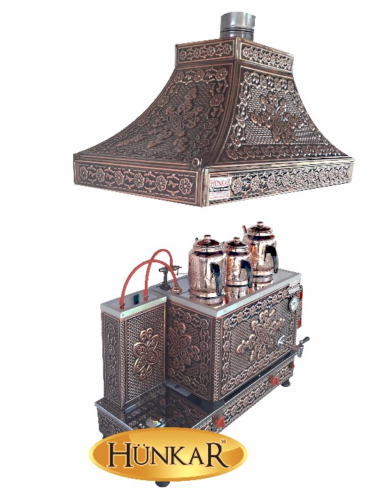 3 DEMLİKLİ BAKIR İŞLEMELİ EMNİYET VENTİLLİ TERMOKUPURLU DAVLUMBAZLI ÇAY KAZANI