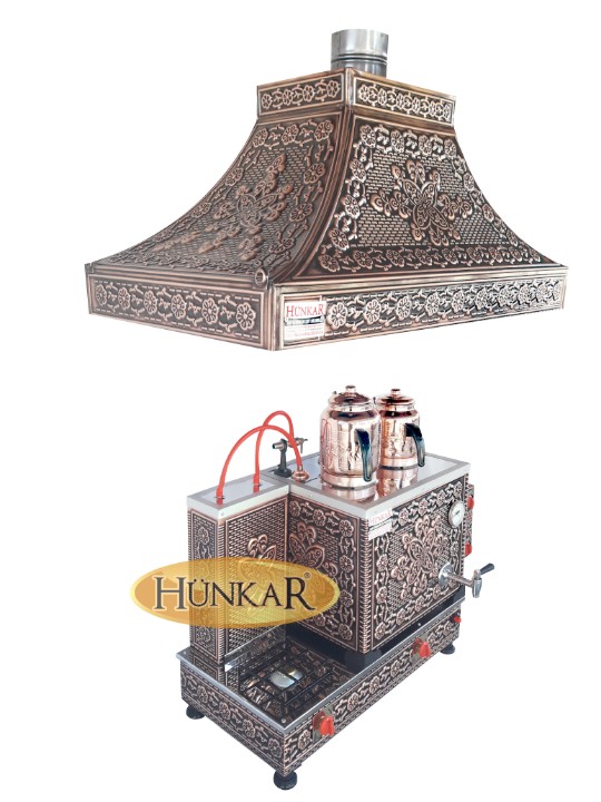 2 DEMLİKLİ BAKIR İŞLEMELİ EMNİYET VENTİLLİ TERMOKUPURLU DAVLUMBAZLI ÇAY KAZANI
