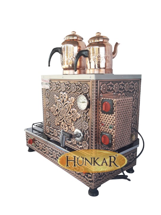 BAKIR ÇAY KAZANI 2 DEMLİKLİ BAKIR İŞLEMELİ EMNİYET VENTİLLİ TERMOKUPURLU ÇAY KAZANI ISI YALITIMLI
