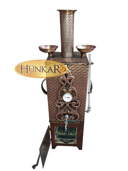 SEMAVER BAKIR İŞLEMELİ 24 LİTRE 2 DEMLİKLİ KARE GÖRÜNÜMLÜ SOBASI TUĞLALI VERNİKLİ SU-ISI GÖSTERGELİ