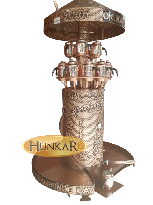120 LİTRE 15 DEMLİKLİ SEMAVER BAKIR İŞLEMELİ ODUNLU KÖMÜRLÜ YALITIMLI DAVLUMBAZLI ve BARDAK KOYMA TEPSİLİ SEMAVER