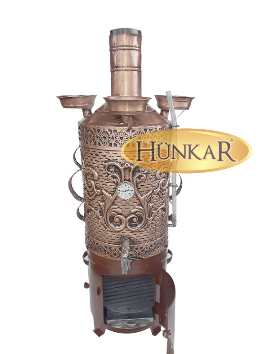 40 LİTRE SEMAVER SOBASI TUĞLASIZ  ODUNLU VERNİKLİ ve ESKİTMELİ ISI GÖSTERGELİ SU GÖSTERGELİ 3 DEMLİKLİ BAKIRSEMAVER