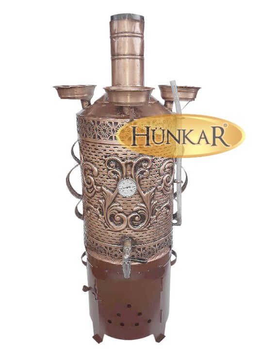 40 LİTRE SEMAVER SOBASI TUĞLASIZ  ODUNLU VERNİKLİ ve ESKİTMELİ ISI GÖSTERGELİ SU GÖSTERGELİ 3 DEMLİKLİ BAKIRSEMAVER