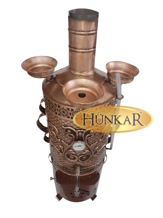 40 LİTRE SEMAVER SOBASI TUĞLASIZ  ODUNLU VERNİKLİ ve ESKİTMELİ ISI GÖSTERGELİ SU GÖSTERGELİ 3 DEMLİKLİ BAKIRSEMAVER