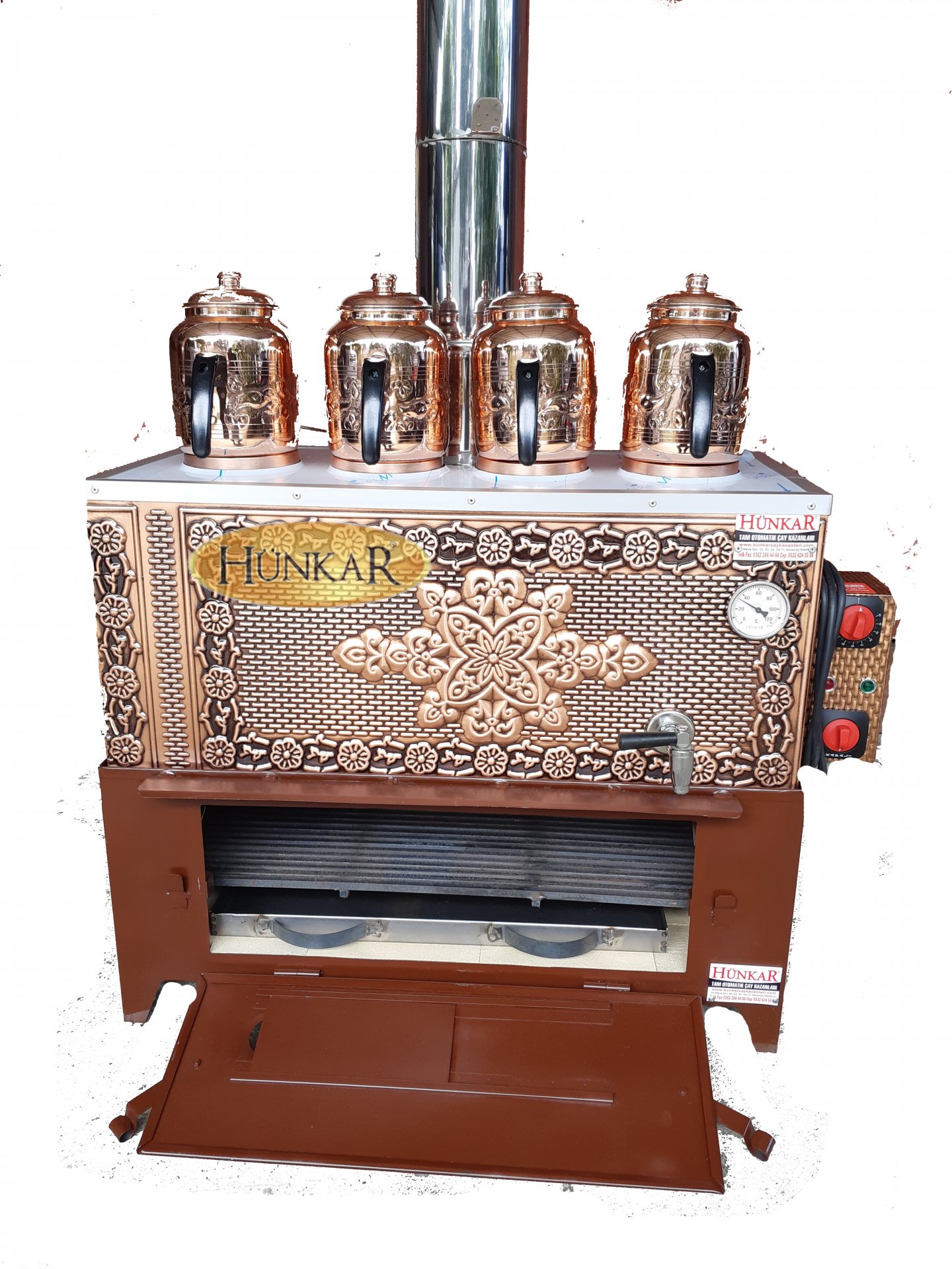 4 DEMLİKLİ YALITIMLI 60 LİTRELİK BAKIR SOBASI TUĞLALI ODUNLU-KÖMÜRLÜ ELEKTRİKLİ SU OTOMATİKLİ SEMAVER