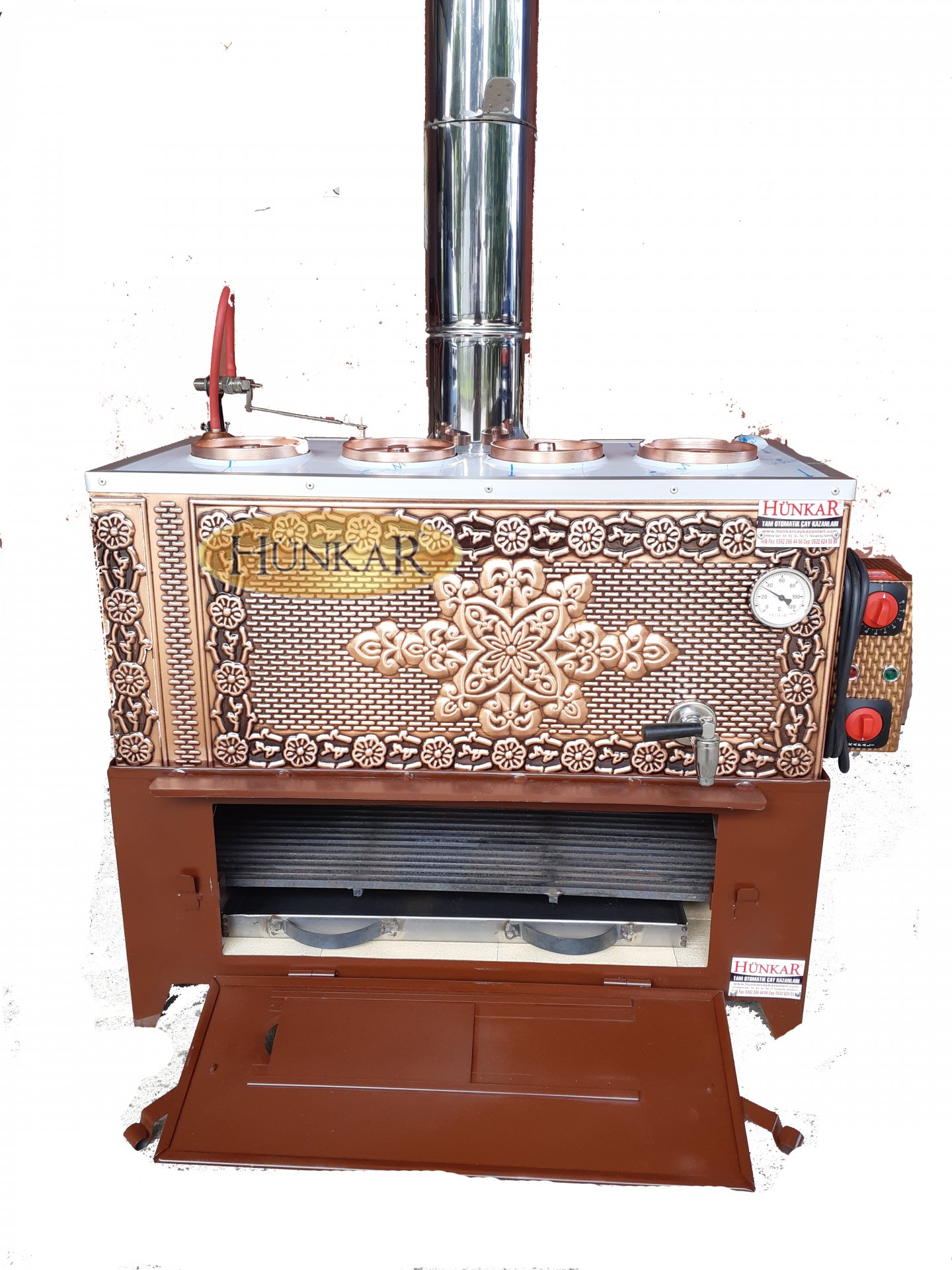 4 DEMLİKLİ YALITIMLI 60 LİTRELİK BAKIR SOBASI TUĞLALI ODUNLU-KÖMÜRLÜ ELEKTRİKLİ SU OTOMATİKLİ SEMAVER