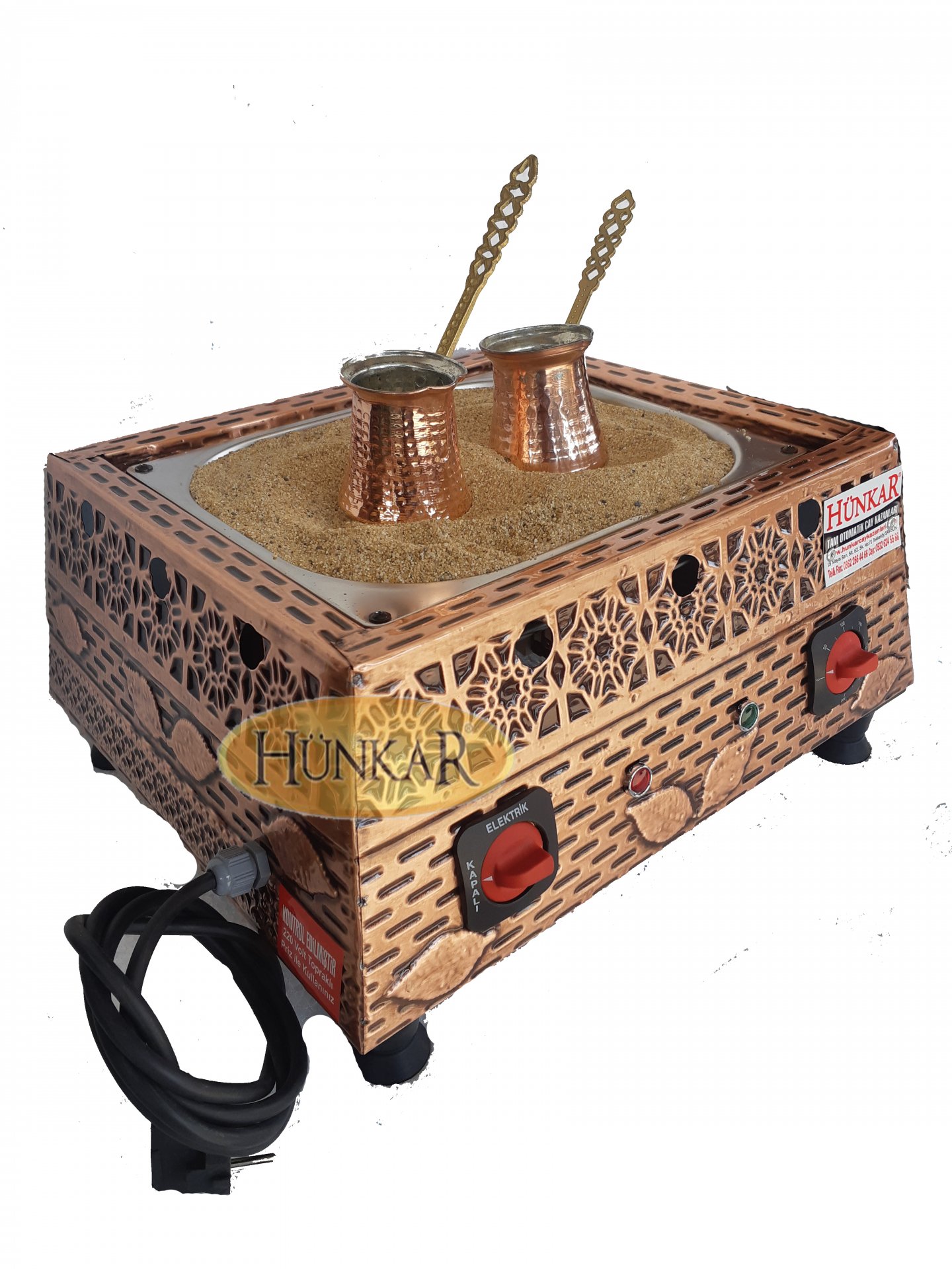 ELEKTİKLİ BAKIR İŞLEMELİ KUMDA KAHVE BAKIR CEZVELİ 45x35x22 cm
