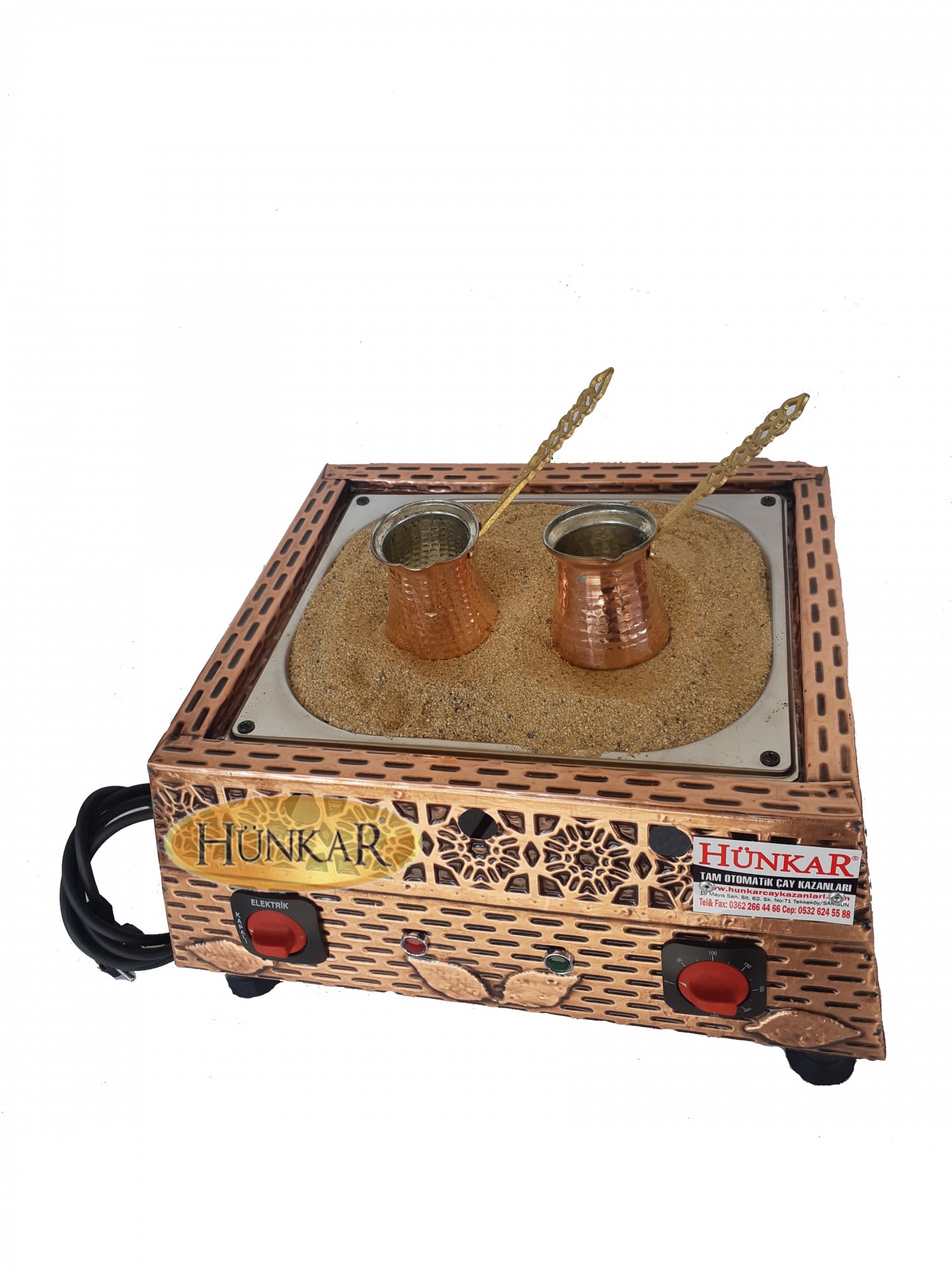 ELEKTİKLİ BAKIR İŞLEMELİ KUMDA KAHVE BAKIR CEZVELİ 45x35x22 cm
