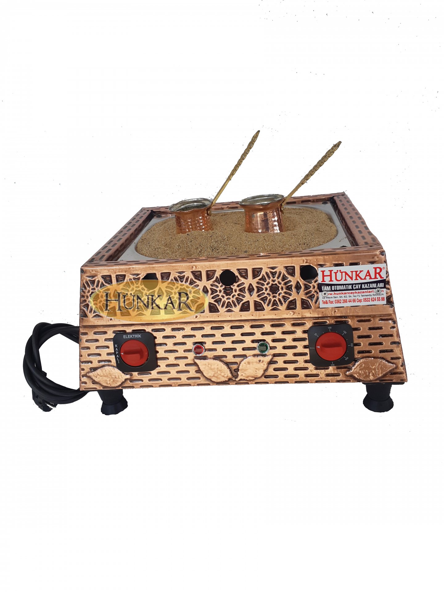 ELEKTİKLİ BAKIR İŞLEMELİ KUMDA KAHVE BAKIR CEZVELİ 45x35x22 cm