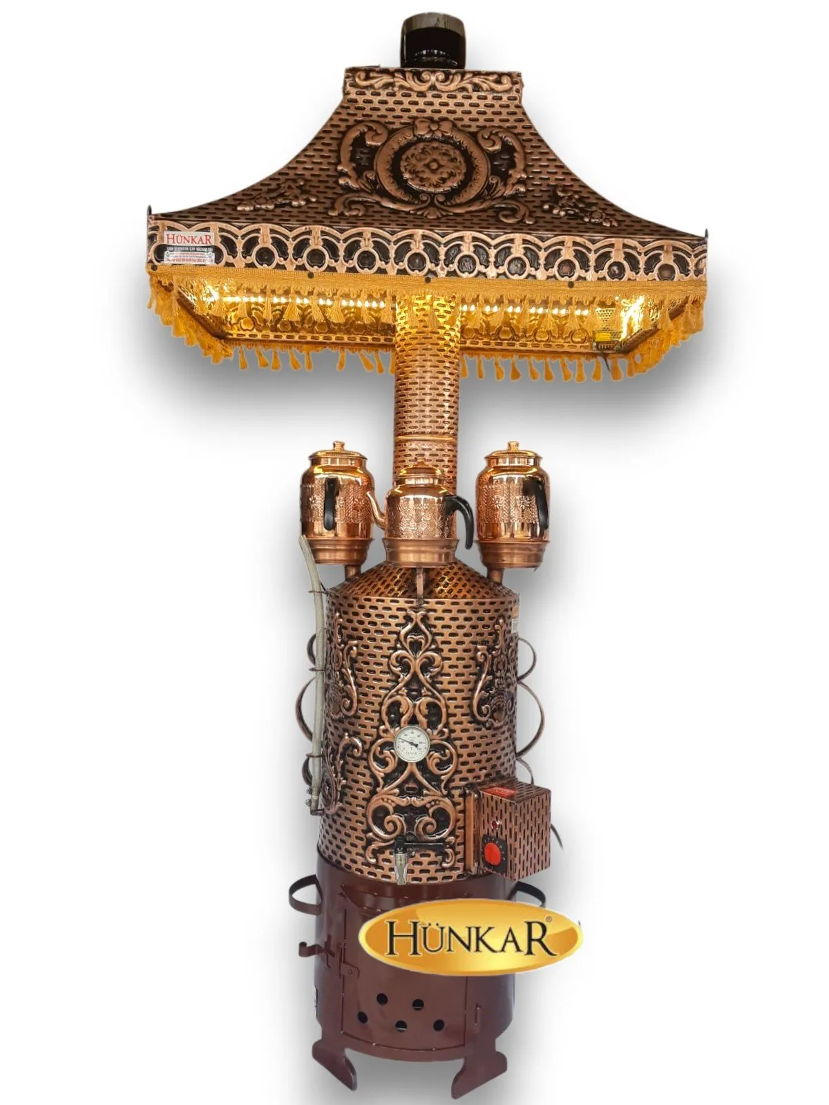 50 LİTRE ATEŞ TUĞLALI ELEKTRİK TAKVİYELİ DAVLUMABZIO LEDLİ ODUNLU KÖMÜRLÜ BAKIR İŞLEMELİ SEMAVER