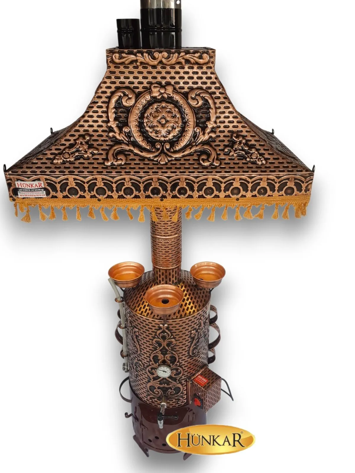 50 LİTRE ATEŞ TUĞLALI ELEKTRİK TAKVİYELİ DAVLUMABZIO LEDLİ ODUNLU KÖMÜRLÜ BAKIR İŞLEMELİ SEMAVER