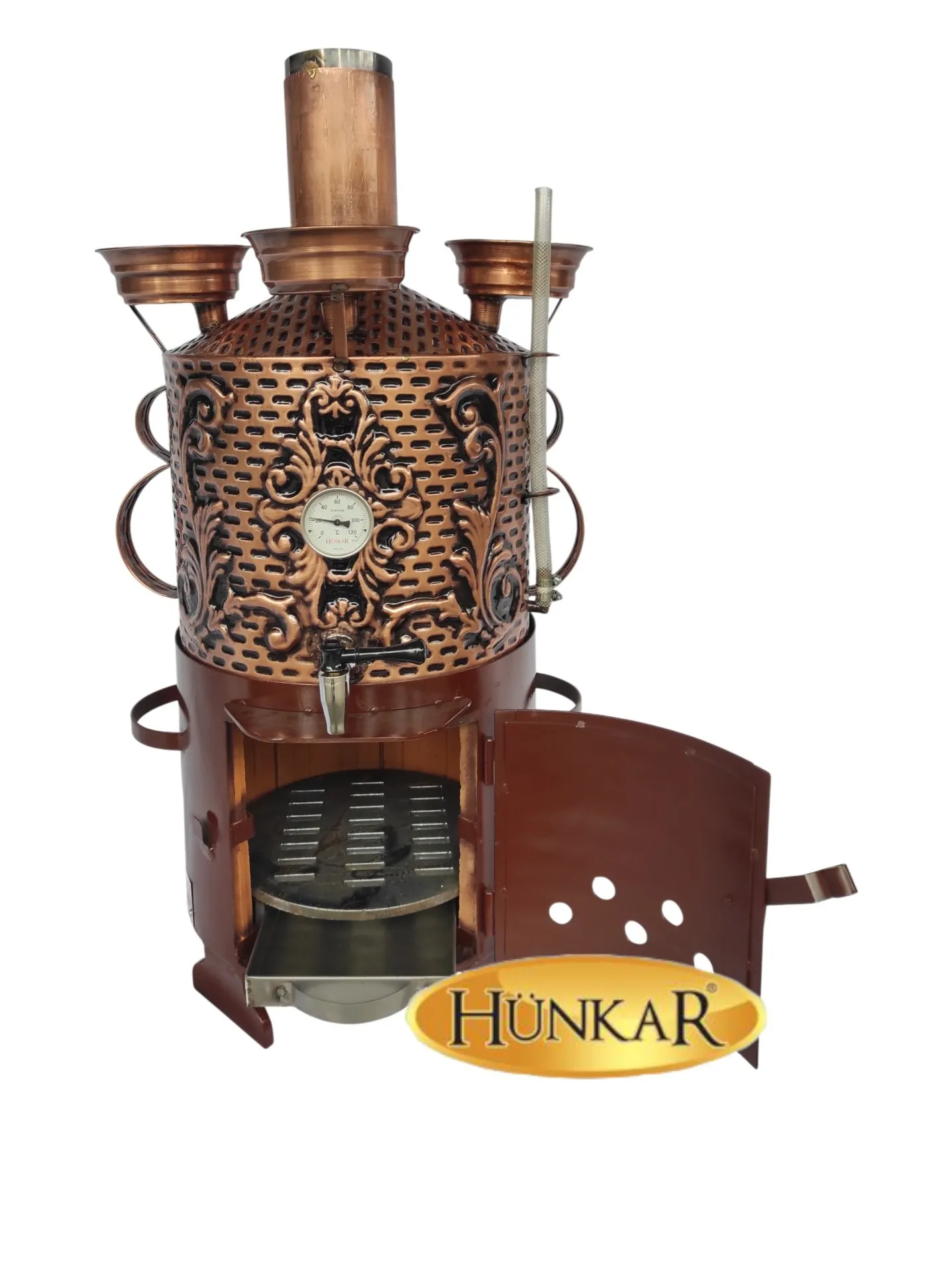 30 LİTRE BAKIR İŞLEMELİ ATEŞ TUĞLALI GÖSTERGELİ 3 DEMLİKLİ BAKIR SEMAVER