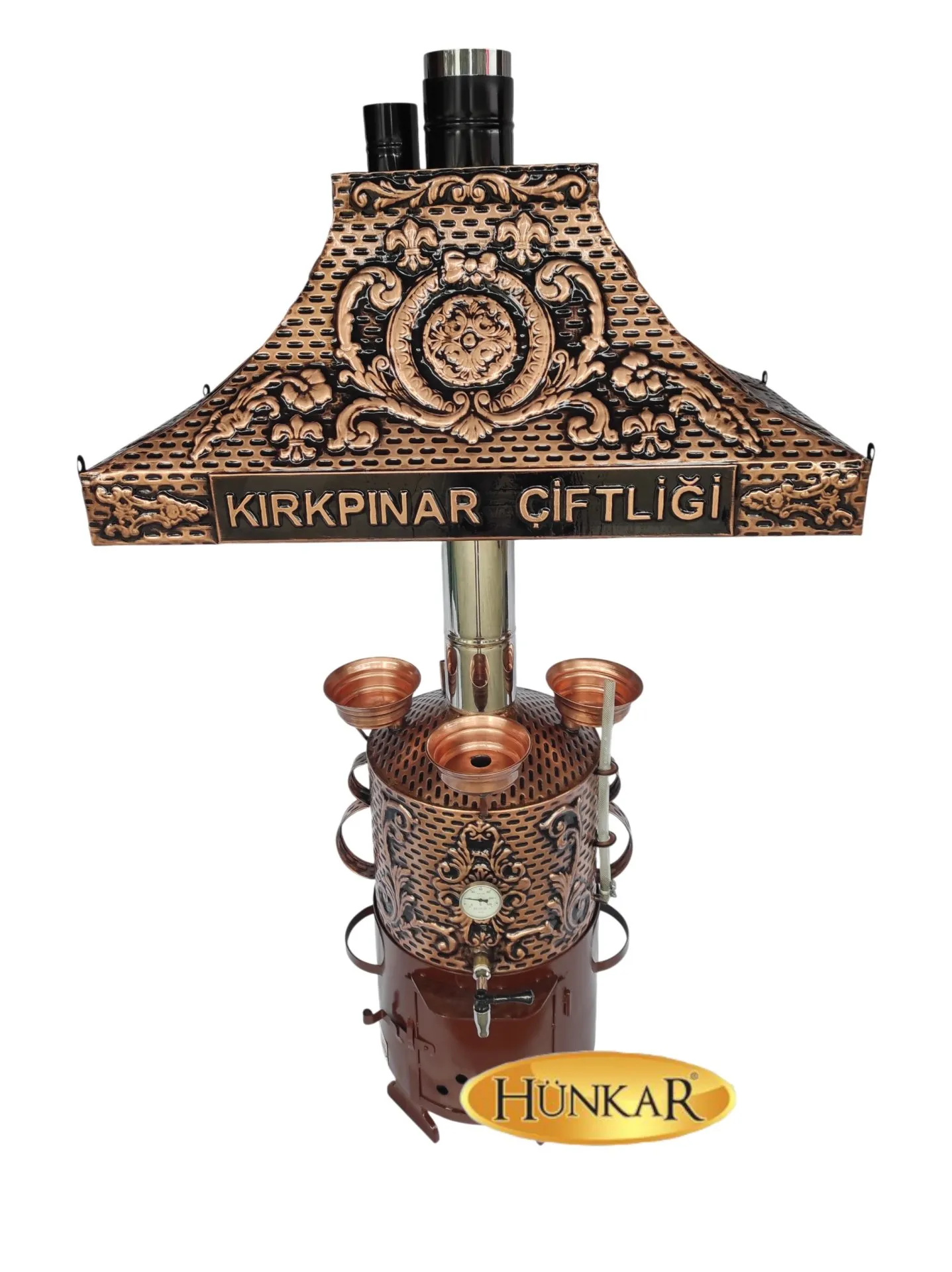 30 LİTRE BAKIR İŞLEMELİ ATEŞ TUĞLALI GÖSTERGELİ 3 DEMLİKLİ BAKIR SEMAVER