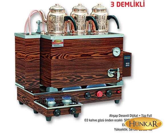 Ahşap Dijital 3 Demlikli kahveci gözü çift ve önden içi bakır çay kazanı 