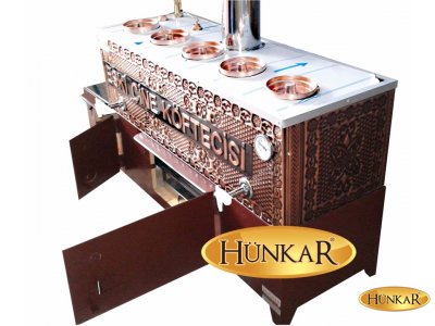 5 DEMLİKLİ 85 LİTRELİK ODUNLU KÖMÜRLÜ ATEŞ TUĞLALI KUMDA KAHVELİ İZALASYONLU SU OTOMATİKLİ BAKIR ÇAY KAZANI