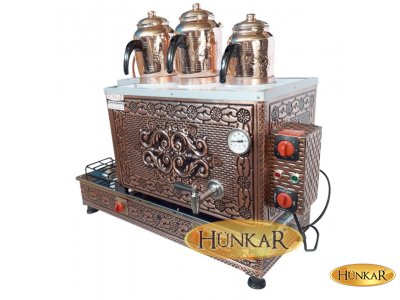 BAKIR İŞLEMELİ DAVLUMBAZLI 3 DEMLİKLİ EMNİYET VENTİLLİ İÇ DIŞ BAKIR ÇAY KAZANI
