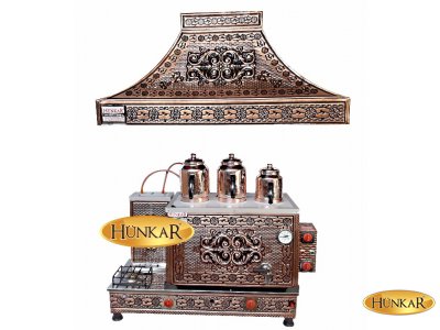BAKIR İŞLEMELİ DAVLUMBAZLI 3 DEMLİKLİ EMNİYET VENTİLLİ İÇ DIŞ BAKIR ÇAY KAZANI