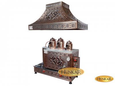 BAKIR İŞLEMELİ DAVLUMBAZLI 3 DEMLİKLİ EMNİYET VENTİLLİ İÇ DIŞ BAKIR ÇAY KAZANI