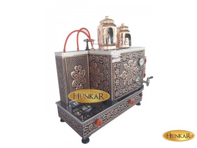 BAKIR ÇAY KAZANI 2 DEMLİKLİ BAKIR İŞLEMELİ EMNİYET VENTİLLİ TERMOKUPURLU ÇAY KAZANI ISI YALITIMLI