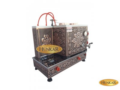 BAKIR ÇAY KAZANI 2 DEMLİKLİ BAKIR İŞLEMELİ EMNİYET VENTİLLİ TERMOKUPURLU ÇAY KAZANI ISI YALITIMLI