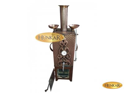 SEMAVER BAKIR İŞLEMELİ 24 LİTRE 2 DEMLİKLİ KARE GÖRÜNÜMLÜ SOBASI TUĞLALI VERNİKLİ SU-ISI GÖSTERGELİ