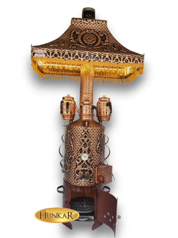 50 LİTRE ATEŞ TUĞLALI ELEKTRİK TAKVİYELİ DAVLUMABZIO LEDLİ ODUNLU KÖMÜRLÜ BAKIR İŞLEMELİ SEMAVER