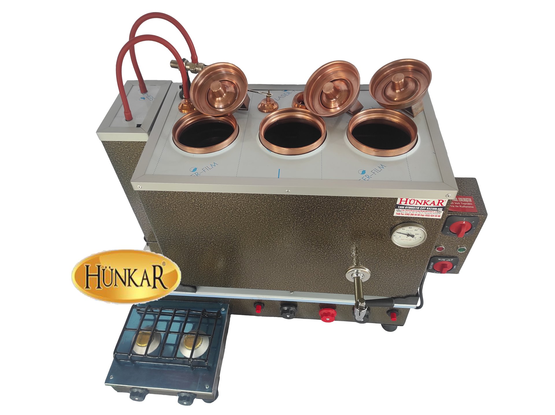 3LÜ KAHVECİ GÖZÜ ÖNDEN İÇ BAKIR- DIŞ STATİK FIRIN BOYALI EL.- TÜP-DOĞ.GAZ'LI FULL OTOMATİK ÇAY KAZANI