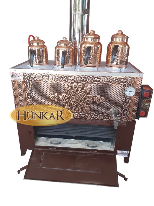 BAKIR 60 LİTRELİK 4 DEMLİKLİ SOBASI ODUN KÖMÜRLÜ TUĞLALI YALITIMLI ELEKTRİKLİ  SU OTOMATİKLİ SEMAVER ISI GÖSTERGELİ