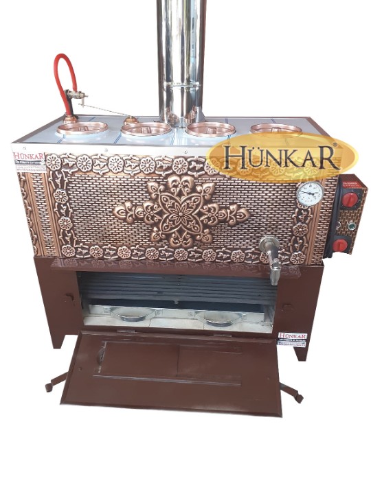 BAKIR 60 LİTRELİK 4 DEMLİKLİ SOBASI ODUN KÖMÜRLÜ TUĞLALI YALITIMLI ELEKTRİKLİ  SU OTOMATİKLİ SEMAVER ISI GÖSTERGELİ