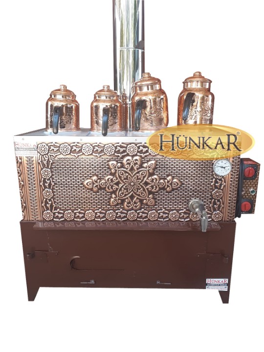 BAKIR 60 LİTRELİK 4 DEMLİKLİ SOBASI ODUN KÖMÜRLÜ TUĞLALI YALITIMLI ELEKTRİKLİ  SU OTOMATİKLİ SEMAVER ISI GÖSTERGELİ