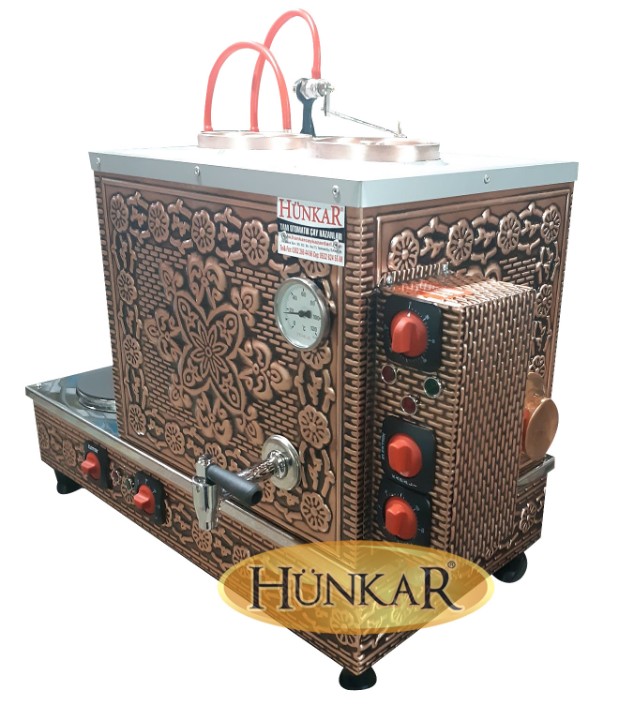 ÇAY KAZANI 2 DEMLİKLİ  BAKIR İŞLEMELİ ELEKTRİKLİ PLEYTLİ SU OTOMATİKLİ-ISI GÖSTERGELİ